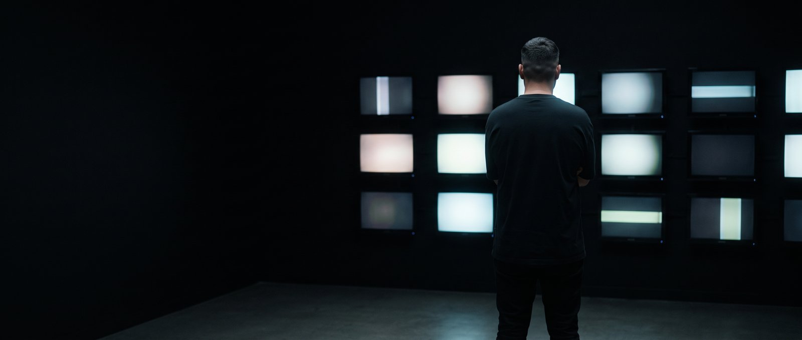 A man in black, seen from behind, faces a wall of glowing monitors in a dark room.